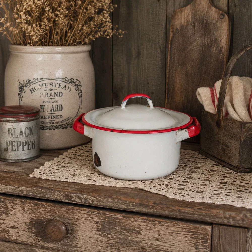 VTG❤️🤍Red White Enamelware Pot Lid Handles Farmhouse Distressed Camp Decor